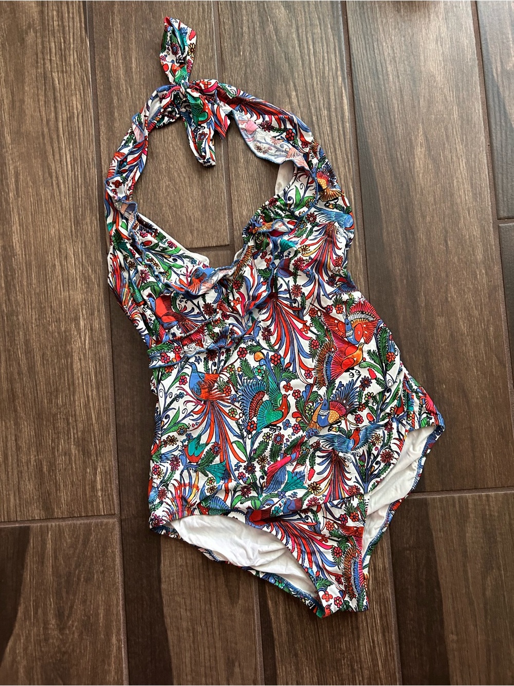 Anthropologie Floral Bird Print Halter Neck One Piece Swimsuit Sz M